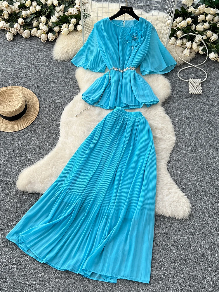 Summer New Women's Skirt Chiffon Two-piece Set Three-dimensional Flower Trumpet Sleeve Top+ Pleated Large Swing Skirt Set C259
Summer New Women's Skirt Chiffon Two-piece Set Three-dimensional Flower Trumpet Sleeve Top+ Pleated Large Swing Skirt Set C259
