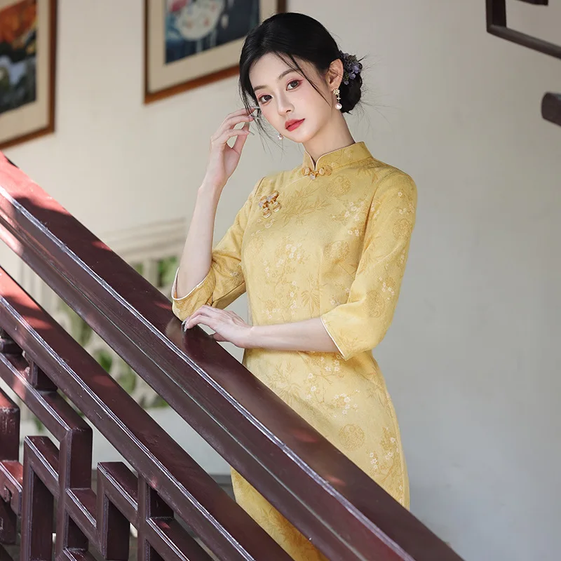 Yourqipao Желтый Cheongsam в китайском стиле, длинная улучшенная юбка Cheongsam с длинными рукавами, 2021, Hanffu
Yourqipao Желтый Cheongsam в китайском стиле, длинная улучшенная юбка Cheongsam с длинными рукавами, 2021, Hanffu