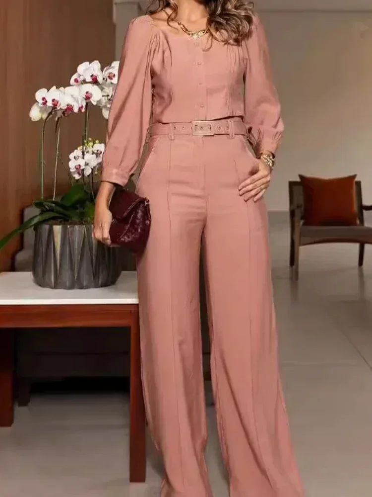 Two Piece Sets Women Pants Set Elegant Round Neck Full Sleeve Summer Y2k Tops High Waist Belt Wide Leg Long Pants Casual
Two Piece Sets Women Pants Set Elegant Round Neck Full Sleeve Summer Y2k Tops High Waist Belt Wide Leg Long Pants Casual