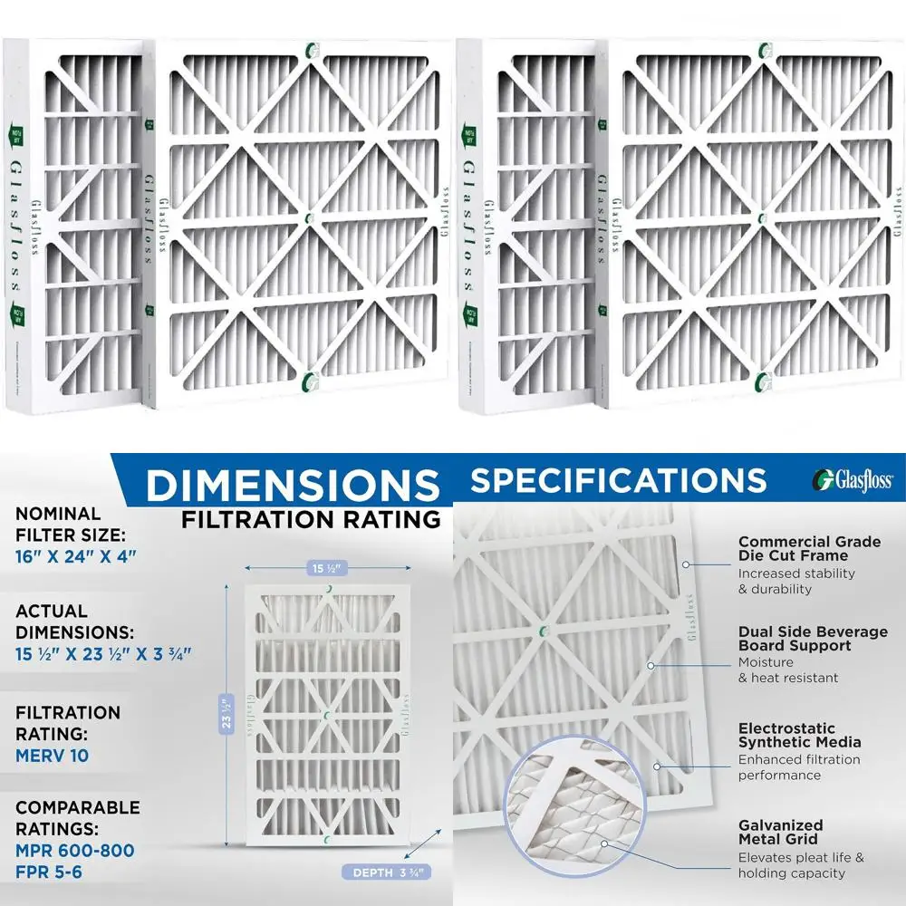 6-Pack 16x24x4 MERV 10 Air & Furnace Filters, Actual Size: 15.5 x 23.5 x 3.75
6-Pack 16x24x4 MERV 10 Air & Furnace Filters, Actual Size: 15.5 x 23.5 x 3.75