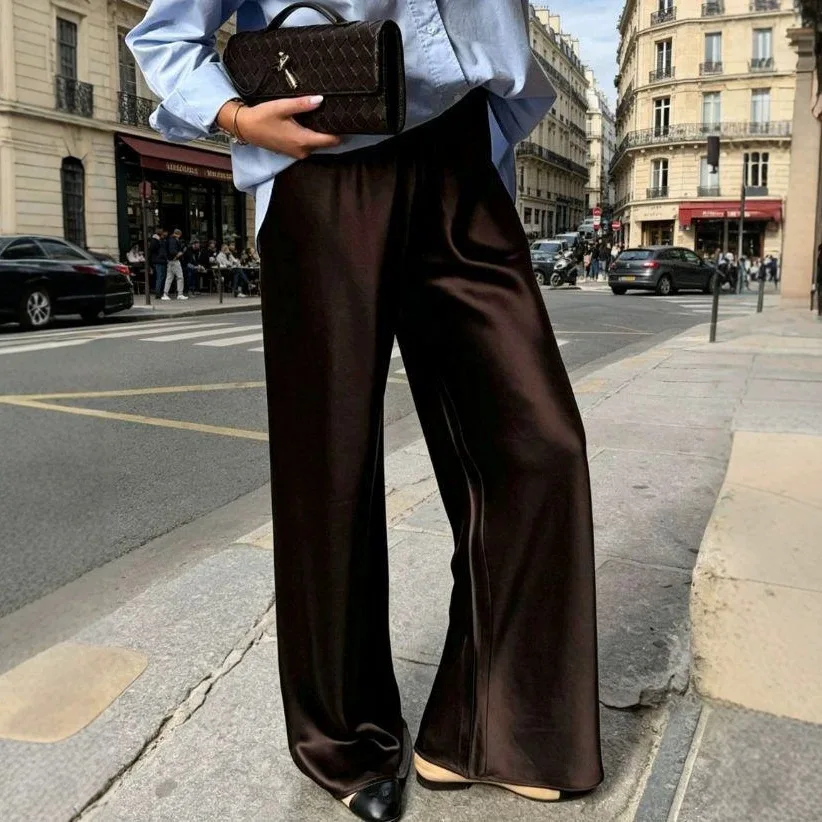 Women's Trousers High-waisted Elegant Brown Satin Straight Pants Lady's Fashion Chic Silk Luxury Long Wide-leg Pants Women
Women's Trousers High-waisted Elegant Brown Satin Straight Pants Lady's Fashion Chic Silk Luxury Long Wide-leg Pants Women