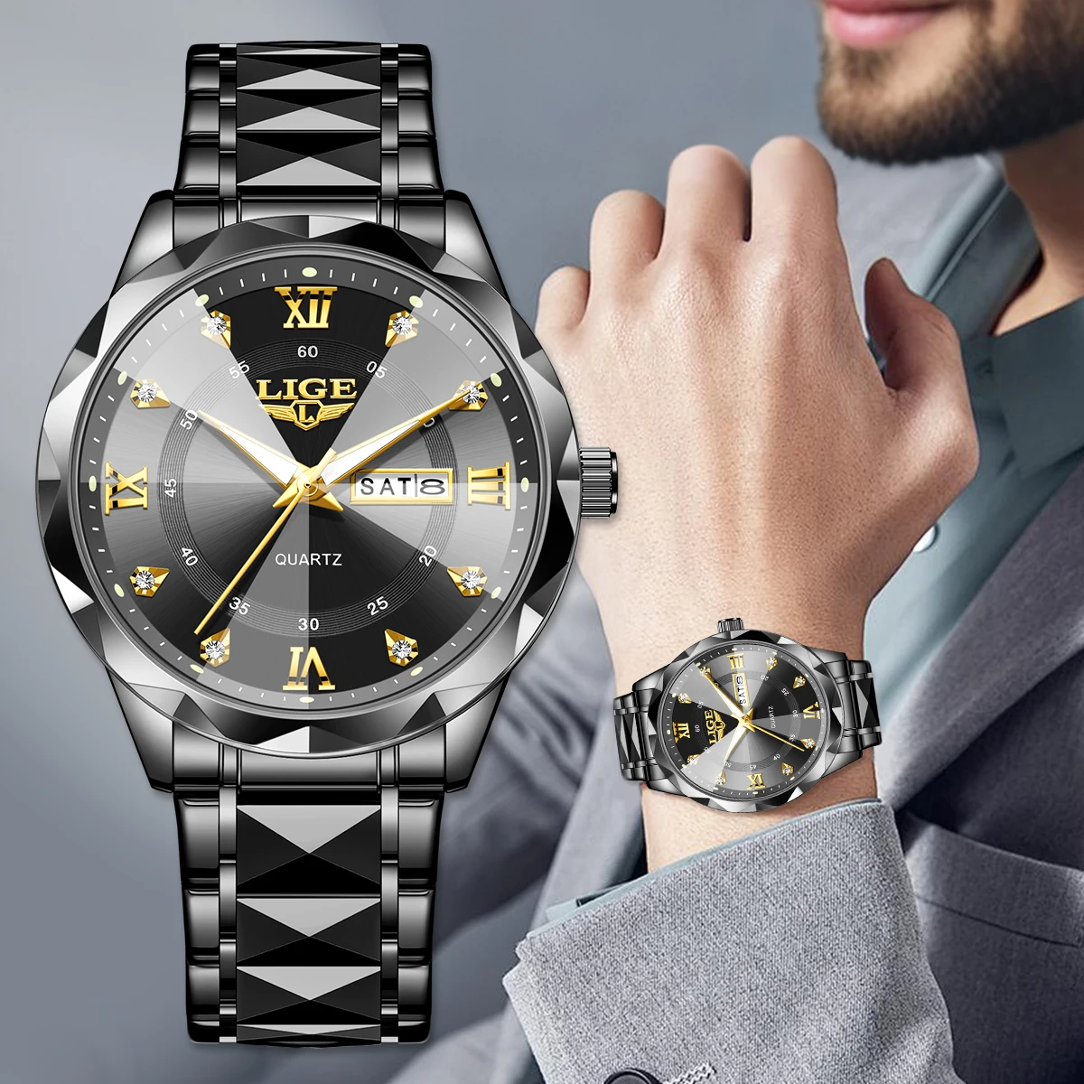 LIGE Men Watch Water Diamond Luxury Night Glow Double Calendar Quartz Movement Black Gold Stainless Steel Fashion Business Watch
LIGE Men Watch Water Diamond Luxury Night Glow Double Calendar Quartz Movement Black Gold Stainless Steel Fashion Business Watch