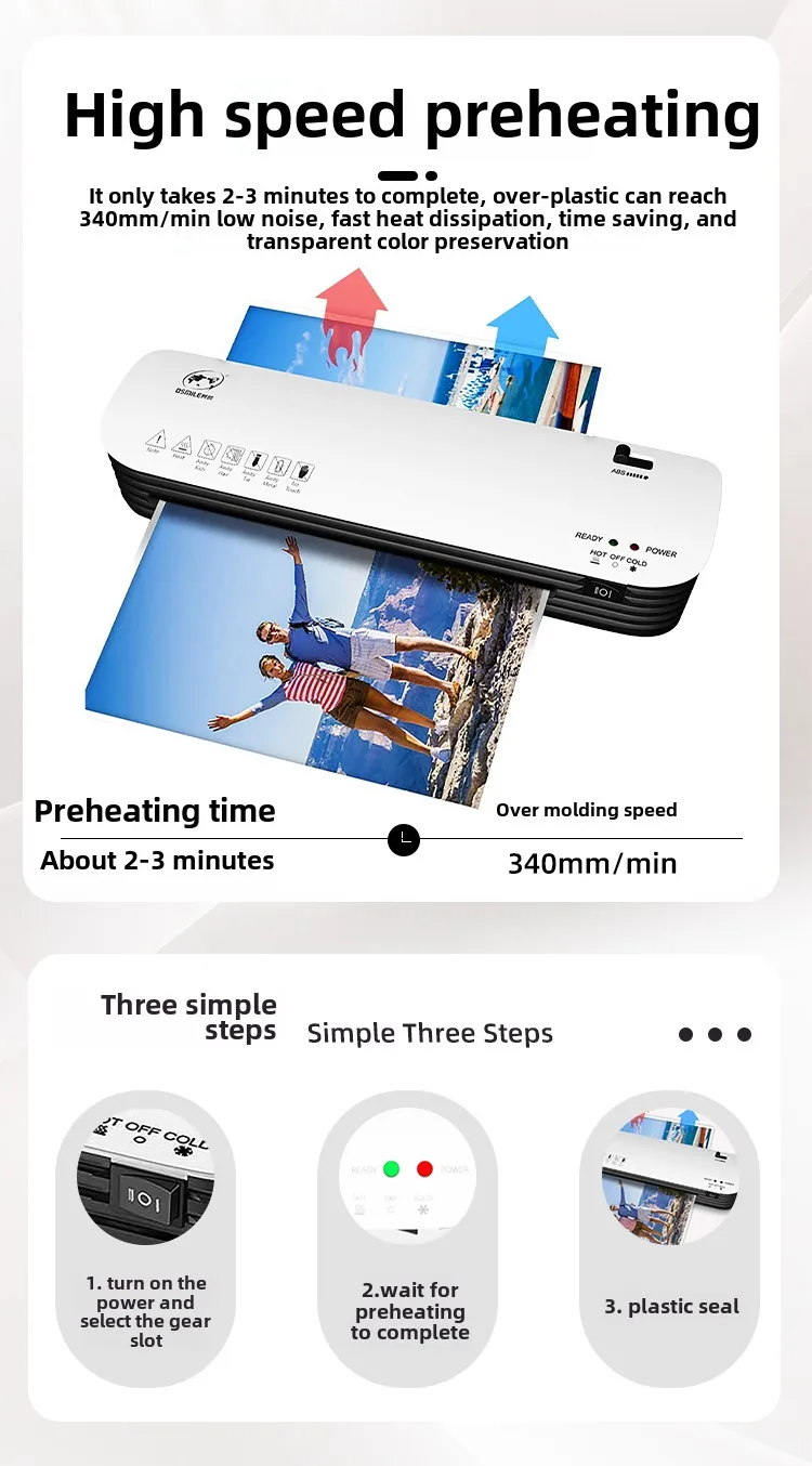 Office and home use film laminator, a five-piece set of hot and cold file laminators, supporting A4, A5 and A6 laminating films.
Office and home use film laminator, a five-piece set of hot and cold file laminators, supporting A4, A5 and A6 laminating films.