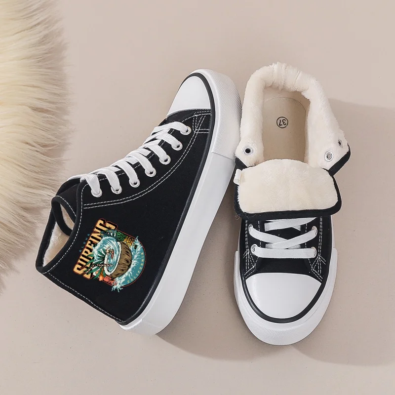 Women's Black Fleece-Lined Canvas Sneakers: Low-Top Lace-Up with Graphic Print. Warm for Fall & Winter Daily Wear.
Women's Black Fleece-Lined Canvas Sneakers: Low-Top Lace-Up with Graphic Print. Warm for Fall & Winter Daily Wear.
