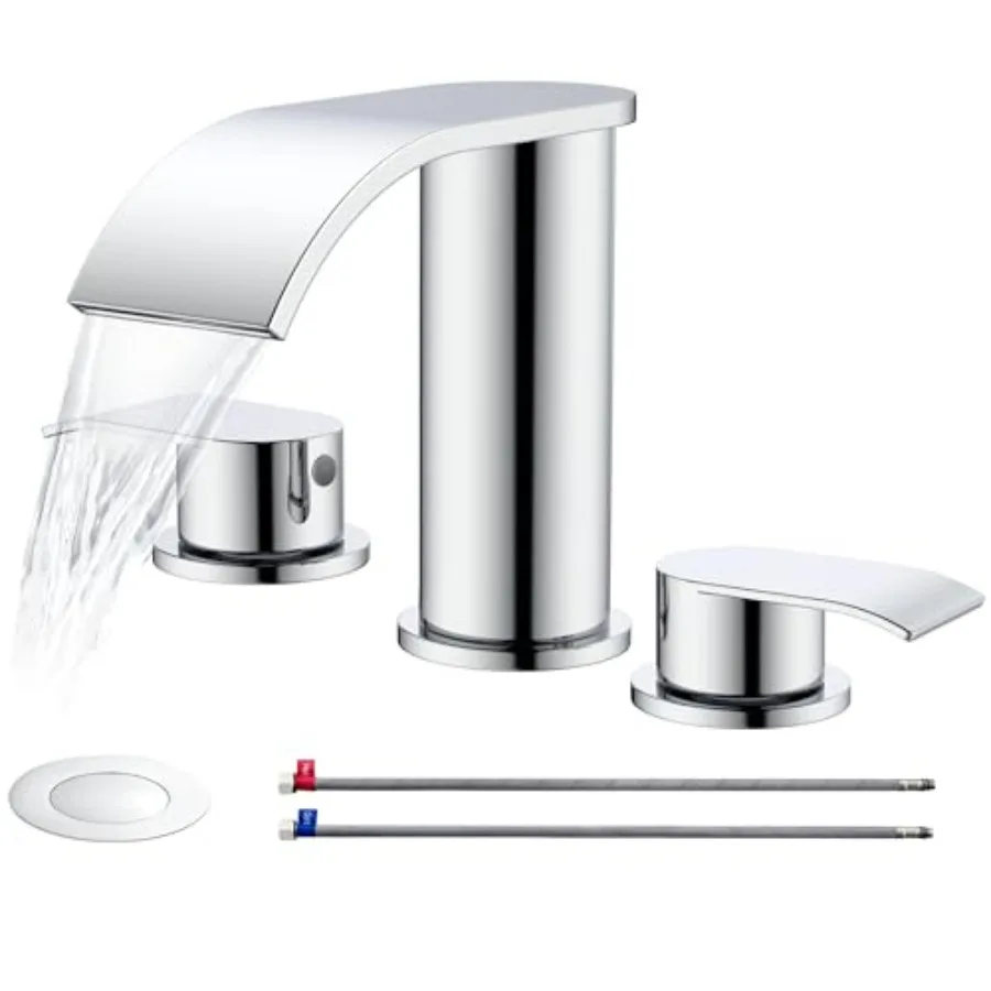 Bathroom vanity sink faucet chrome metal 8-inch widespread 2-handle waterfall design with pop-up drain stopper and 2 supply hos
Bathroom vanity sink faucet chrome metal 8-inch widespread 2-handle waterfall design with pop-up drain stopper and 2 supply hos