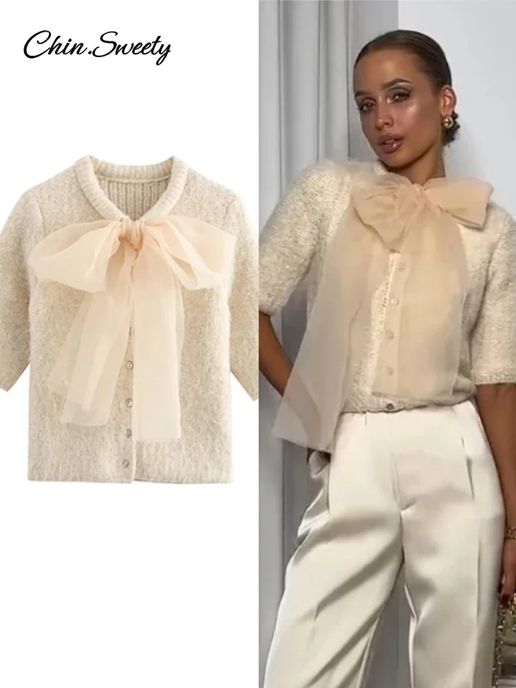 Mohair Knitted Short Sleeve Cardigan Women Lace Bow Single Breasted O-neck Slim Sweater 2024 Autumn Winter Fashion Lady Knitwear
Mohair Knitted Short Sleeve Cardigan Women Lace Bow Single Breasted O-neck Slim Sweater 2024 Autumn Winter Fashion Lady Knitwear