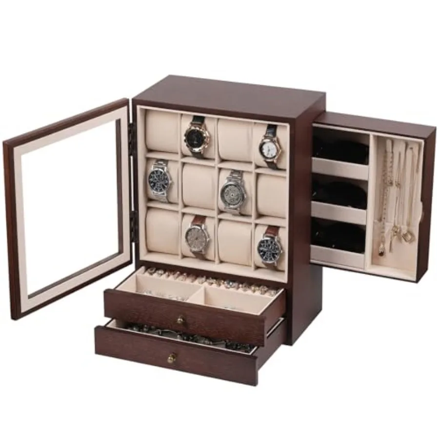 Wooden Watch Eyeglass Jewelry Box with Glass Front, 12-Slot Vertical Display Case with 2 Drawers, Velvet Lining, Dresser Organi
Wooden Watch Eyeglass Jewelry Box with Glass Front, 12-Slot Vertical Display Case with 2 Drawers, Velvet Lining, Dresser Organi