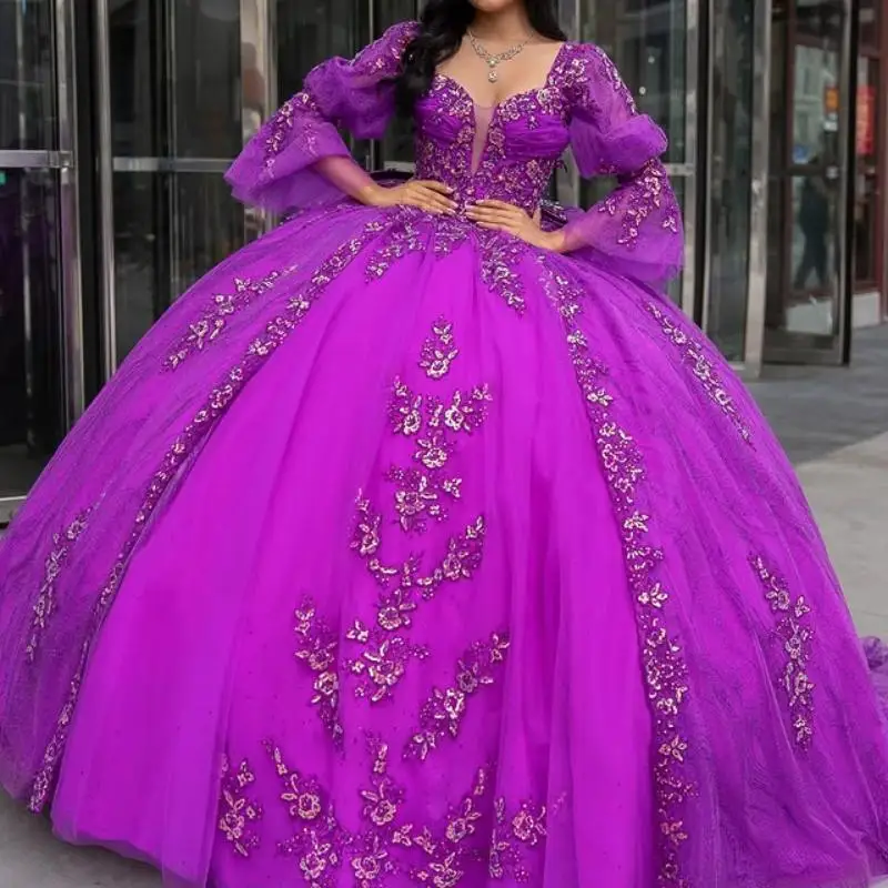 Customized Shiny Purple Long sleeves Quinceanera Dress sequin applique crystal Tull Lace vestidos de 15 Quinceanera
Customized Shiny Purple Long sleeves Quinceanera Dress sequin applique crystal Tull Lace vestidos de 15 Quinceanera 