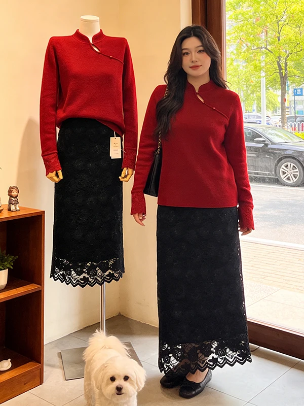 Large Size New Chinese Style Knitted Sweater with Lace Half Skirt Two Piece Set for Women Spring New Arrival Red Color
Large Size New Chinese Style Knitted Sweater with Lace Half Skirt Two Piece Set for Women Spring New Arrival Red Color