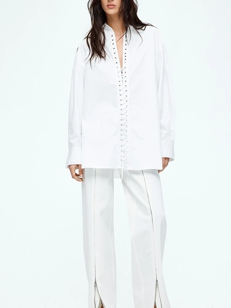 New European and American style spring women's clothing, fashionable and versatile solid color long-sleeved lace-up shirts
New European and American style spring women's clothing, fashionable and versatile solid color long-sleeved lace-up shirts