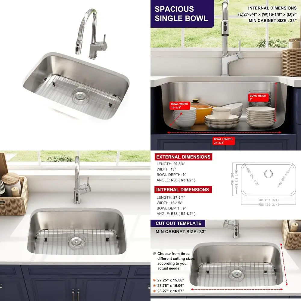 18 Gauge Stainless Steel 30 Undermount Single Bowl Kitchen Sink with Curved Design, Basket Strainer & Grid
18 Gauge Stainless Steel 30 Undermount Single Bowl Kitchen Sink with Curved Design, Basket Strainer & Grid