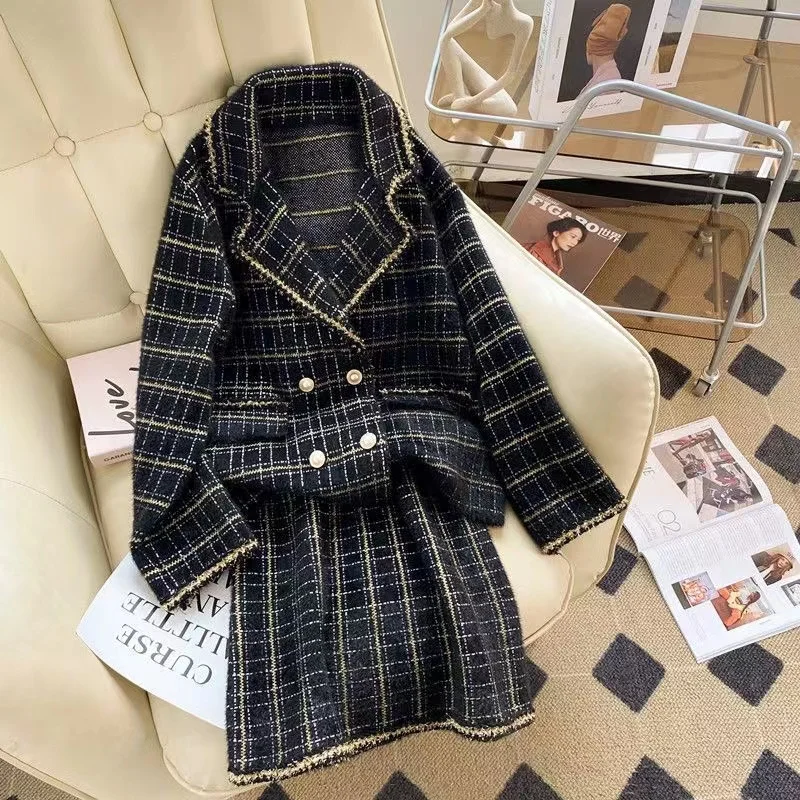 Women Winter Fake Fur Plaid Suit Pearl Double breasted Jacket Coat Top And Skirt Two Piece Set Matching Outfits Fragrant Clothes
Women Winter Fake Fur Plaid Suit Pearl Double breasted Jacket Coat Top And Skirt Two Piece Set Matching Outfits Fragrant Clothes