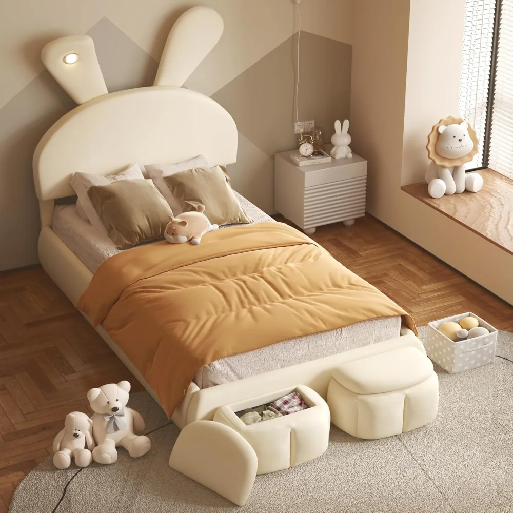 Twin Size Upholstered Platform Bed with Cartoon Ears Shaped Headboard and Light, Princess Platform Bed, Solid Wood Slats Support
Twin Size Upholstered Platform Bed with Cartoon Ears Shaped Headboard and Light, Princess Platform Bed, Solid Wood Slats Support