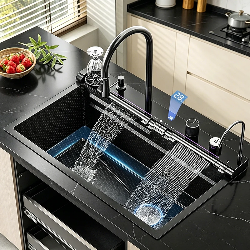 Digital Display Waterfall Stainless Steel Kitchen Sink Multifunction Wash Vegetables Bowl Undermount Basin Large Single Slot
Digital Display Waterfall Stainless Steel Kitchen Sink Multifunction Wash Vegetables Bowl Undermount Basin Large Single Slot