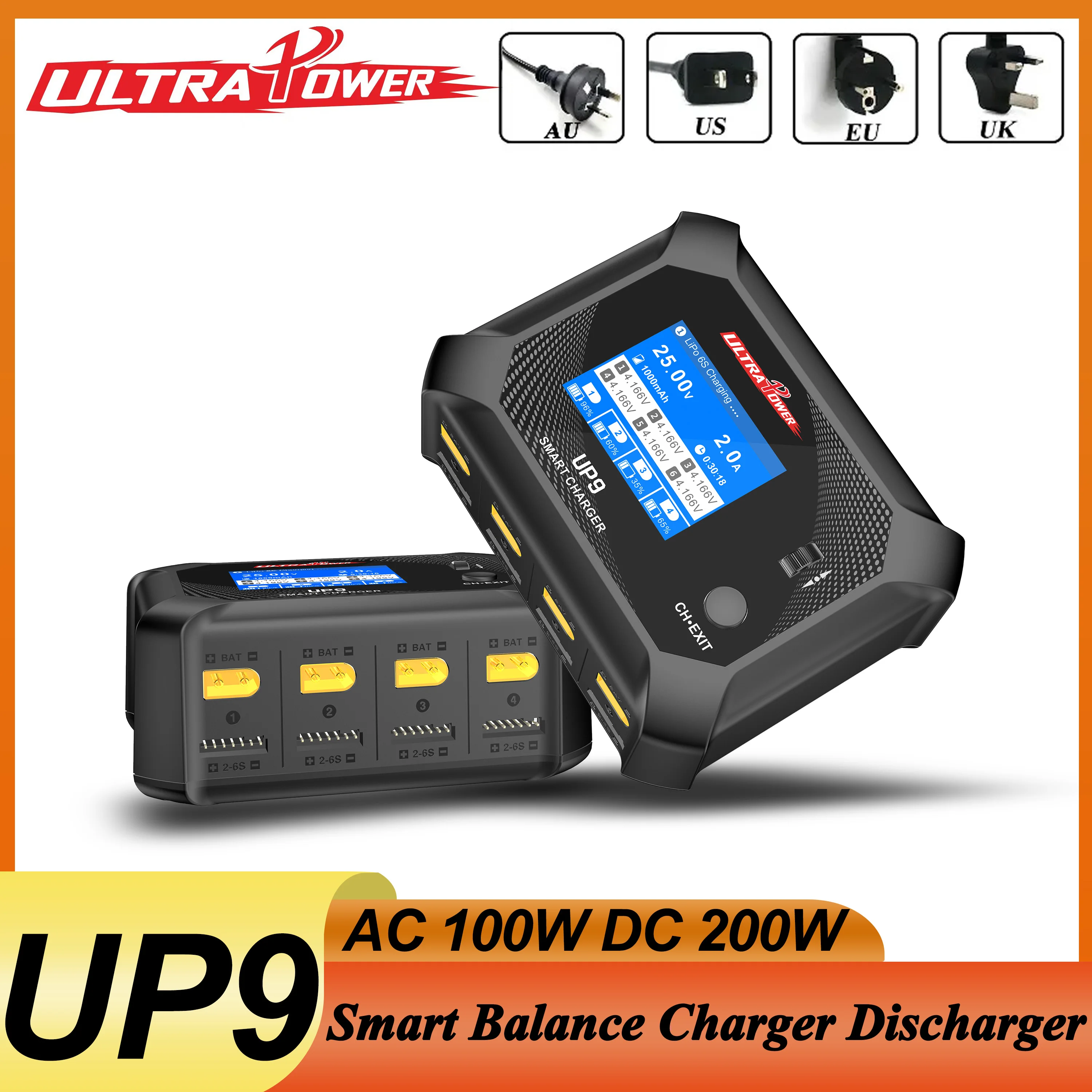 UltraPower UP9 AC 100W DC 200W 4 Channel Smart Balance Charger Discharger LCD for 1-6S Lipo LiHV Lilon LiFe NiMH Battery
UltraPower UP9 AC 100W DC 200W 4 Channel Smart Balance Charger Discharger LCD for 1-6S Lipo LiHV Lilon LiFe NiMH Battery