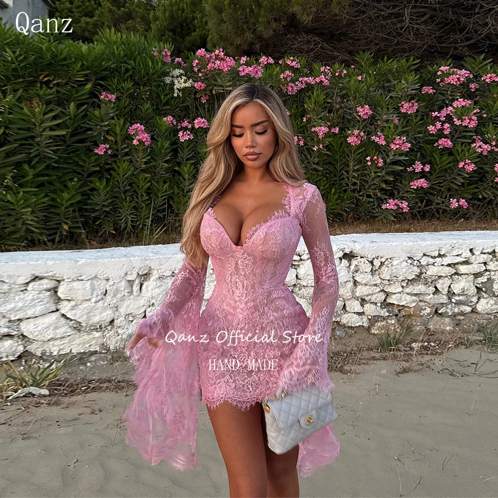 Qanz Chic Lace Appliques Prom Dresses Beach Mini Luxurious Party Dress Sweetheart Pink Long Sleeves Special Occasion Customized
Qanz Chic Lace Appliques Prom Dresses Beach Mini Luxurious Party Dress Sweetheart Pink Long Sleeves Special Occasion Customized
