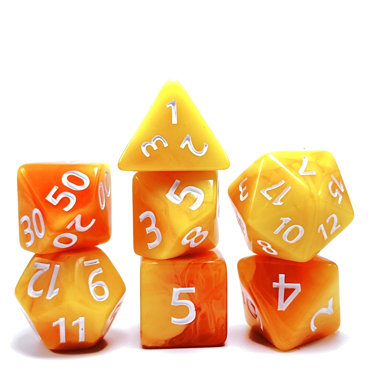 A set of 7 polyhedral game dice, consisting of orange and white letters of selected materials for long lasting and durable dice,
A set of 7 polyhedral game dice, consisting of orange and white letters of selected materials for long lasting and durable dice,