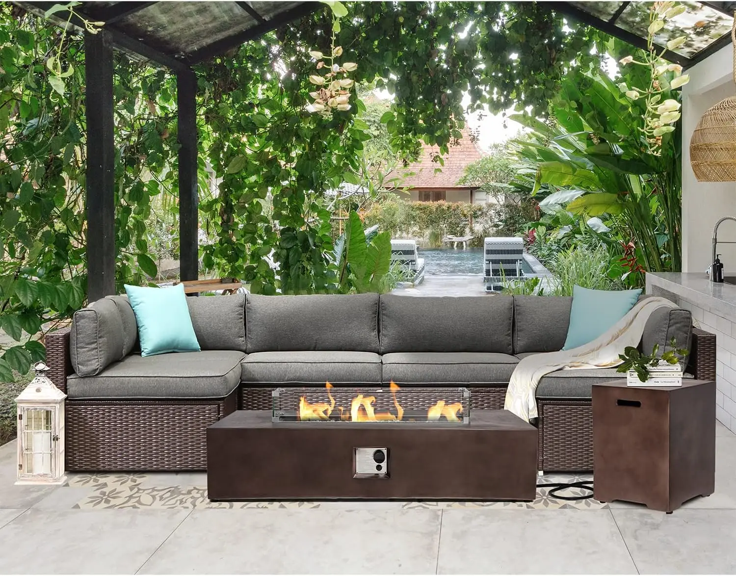 8-Piece Outdoor Patio Furniture Set, Drak Grey Cushions w 56 x 28-inch Rectangle Bronze Concrete Fire Table
8-Piece Outdoor Patio Furniture Set, Drak Grey Cushions w 56 x 28-inch Rectangle Bronze Concrete Fire Table