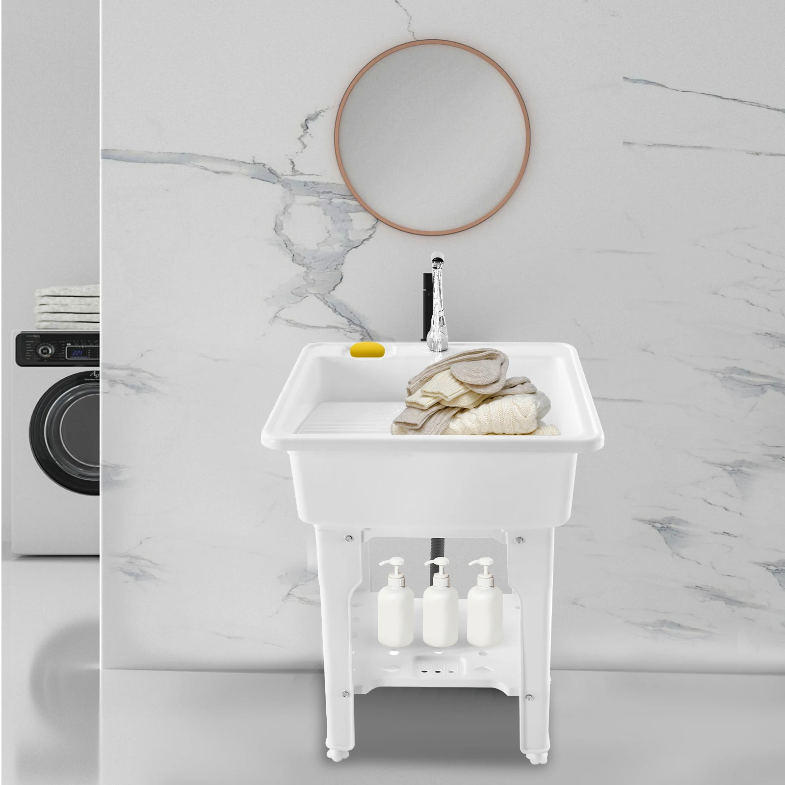 154lbs Large Capacity 360 ° Rotating Faucet Freestanding Plastic Laundry Sink with 2 Valves and 4 Feet for Laundry, Bathrooms
154lbs Large Capacity 360 ° Rotating Faucet Freestanding Plastic Laundry Sink with 2 Valves and 4 Feet for Laundry, Bathrooms