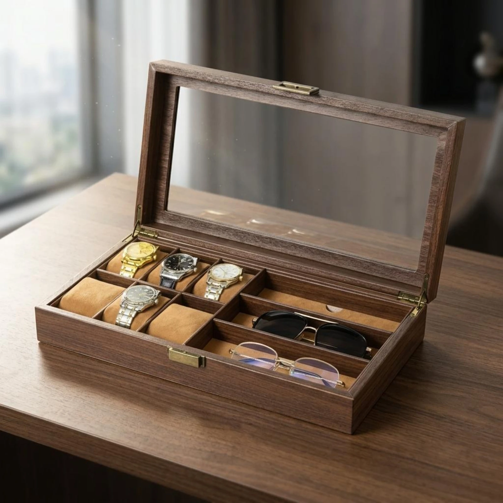 Watch and Glasses Box Leather Exterior Glass Lid Watch Box Cushioned Slots Metal Clasp for Tabletop, Dresser
Watch and Glasses Box Leather Exterior Glass Lid Watch Box Cushioned Slots Metal Clasp for Tabletop, Dresser