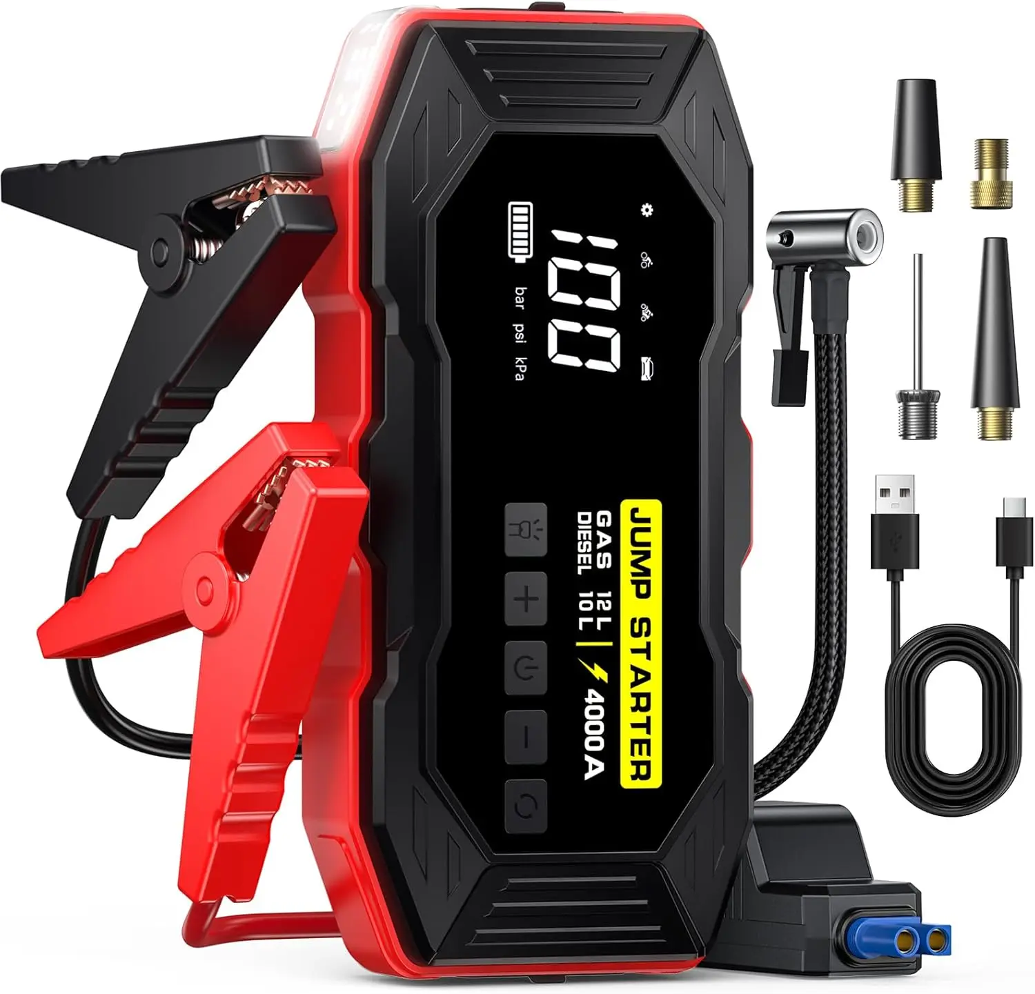 Portable Jump Starter with Air Compressor, 4000A Peak for Cars, 160PSI, LED Lights & LCD Display
Portable Jump Starter with Air Compressor, 4000A Peak for Cars, 160PSI, LED Lights & LCD Display
