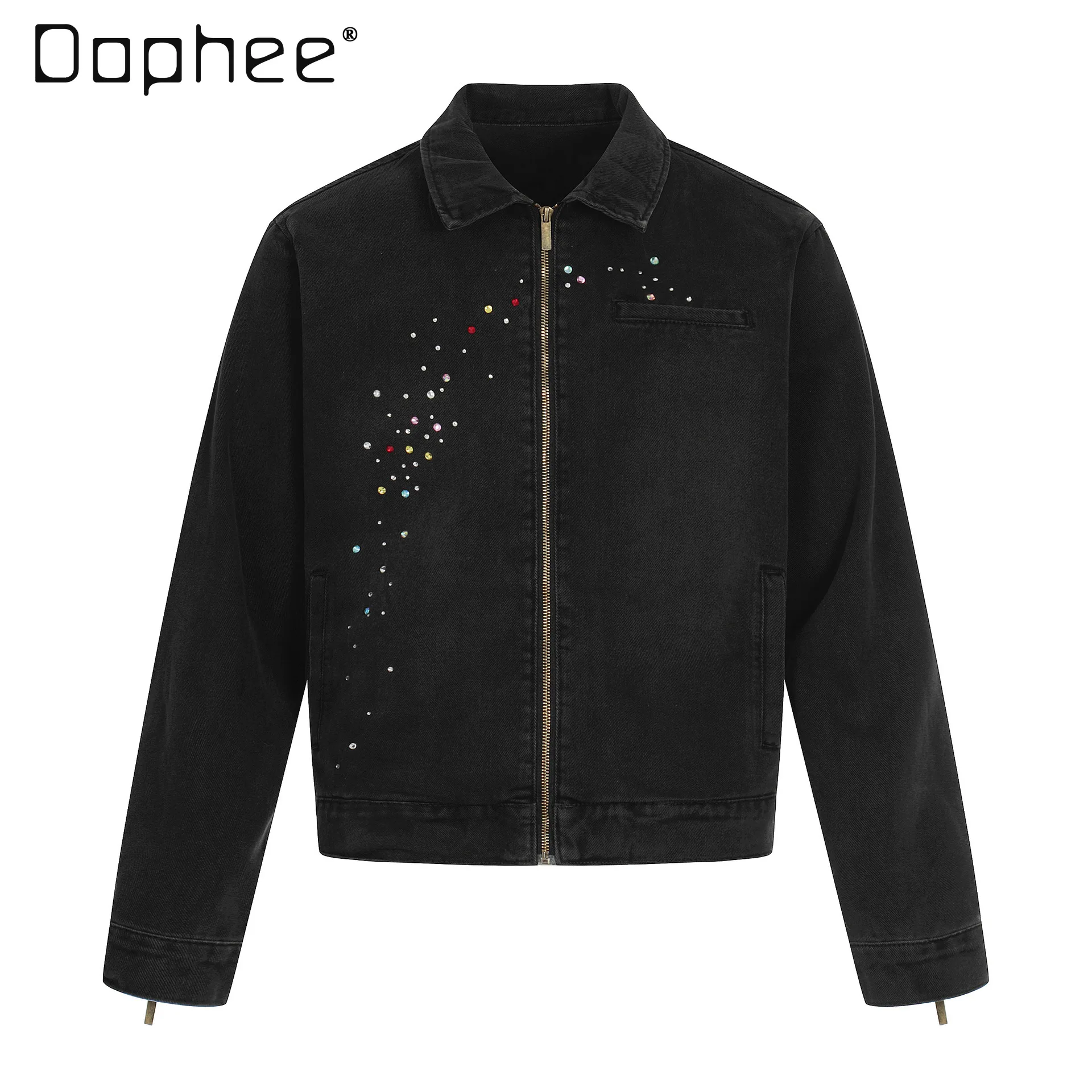 Spring Autumn Men's Black Washed Denim Jacket with Colorful Rhinestone Shooting Star Design Loose Casual Streetwear Outerwear
Spring Autumn Men's Black Washed Denim Jacket with Colorful Rhinestone Shooting Star Design Loose Casual Streetwear Outerwear