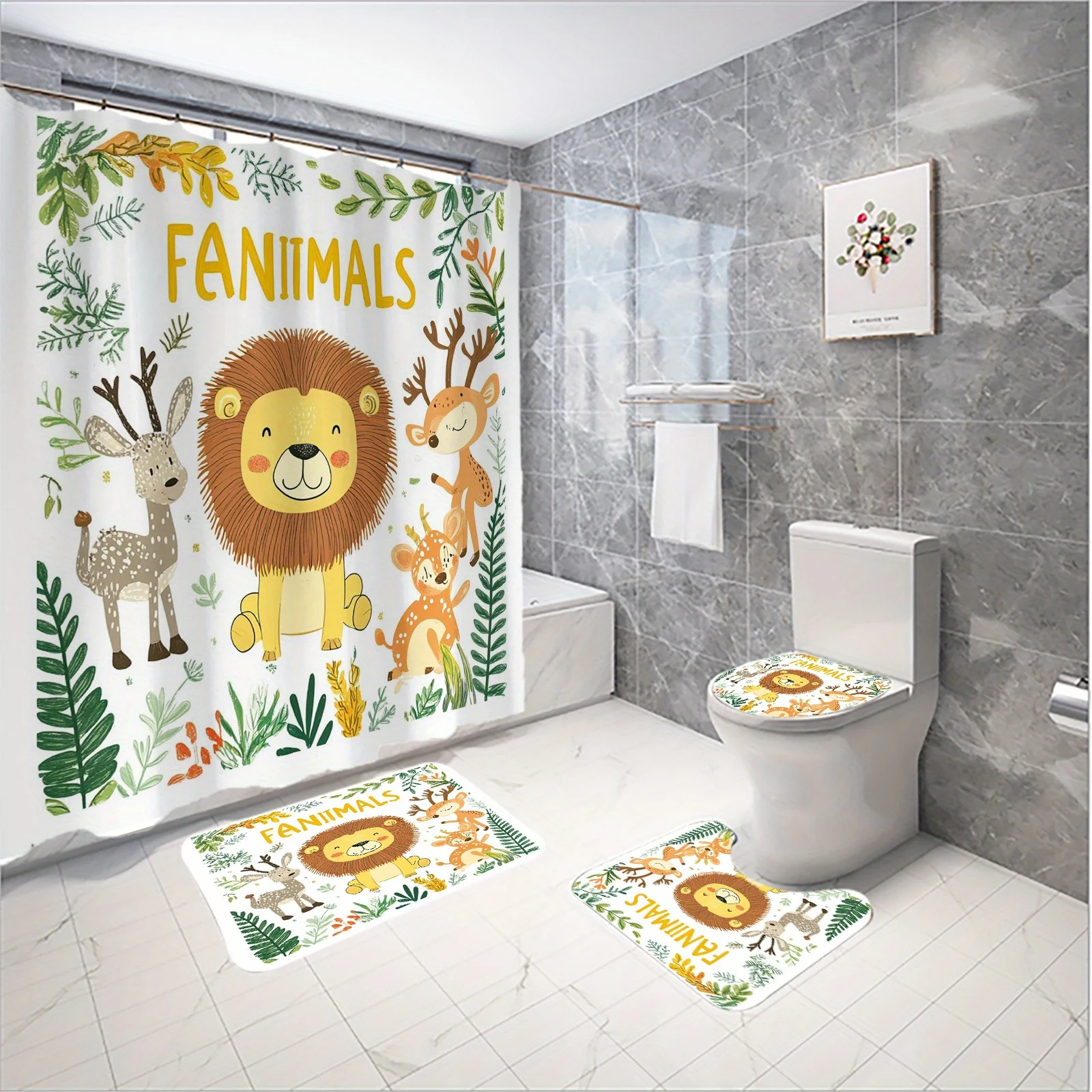 Cute Jungle Animals Bathroom Set: Shower Curtain, Mat, Towel, Toilet Cover - 4Pcs Waterproof Decor for a Fun Bath
Cute Jungle Animals Bathroom Set: Shower Curtain, Mat, Towel, Toilet Cover - 4Pcs Waterproof Decor for a Fun Bath