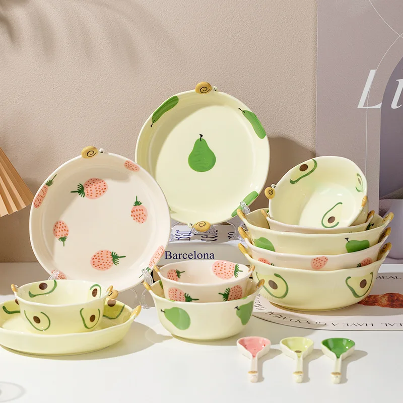 Underglaze Ceramic Dining Set Snail Strawberry Avocado Bowl Plate Combination Home Use Dish Plate Soup Bowl Rice Bowl
Underglaze Ceramic Dining Set Snail Strawberry Avocado Bowl Plate Combination Home Use Dish Plate Soup Bowl Rice Bowl