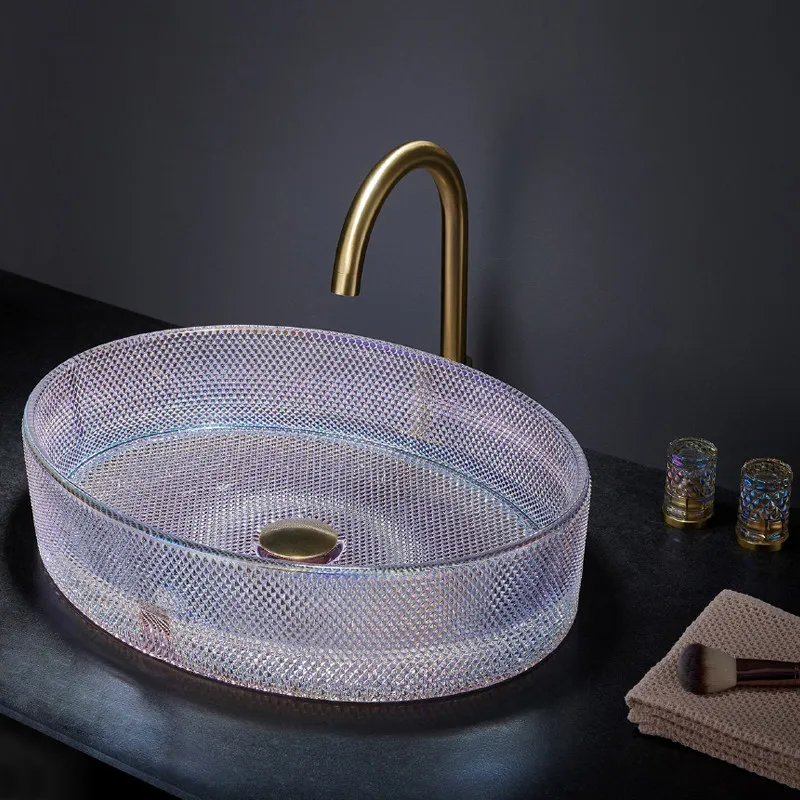 Simple oval overmount washbasin, home bathroom balcony crystal glass washbasin
Simple oval overmount washbasin, home bathroom balcony crystal glass washbasin