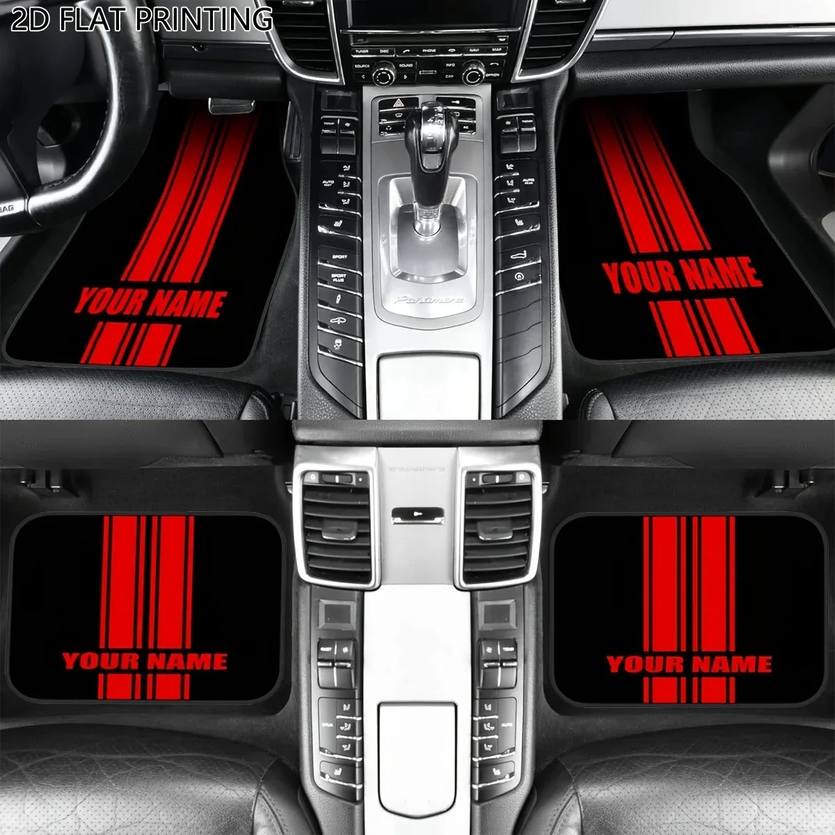 Customized 4-piece set of car floor mats with personalized name text - black background with red vertical stripes, durable polye
Customized 4-piece set of car floor mats with personalized name text - black background with red vertical stripes, durable polye