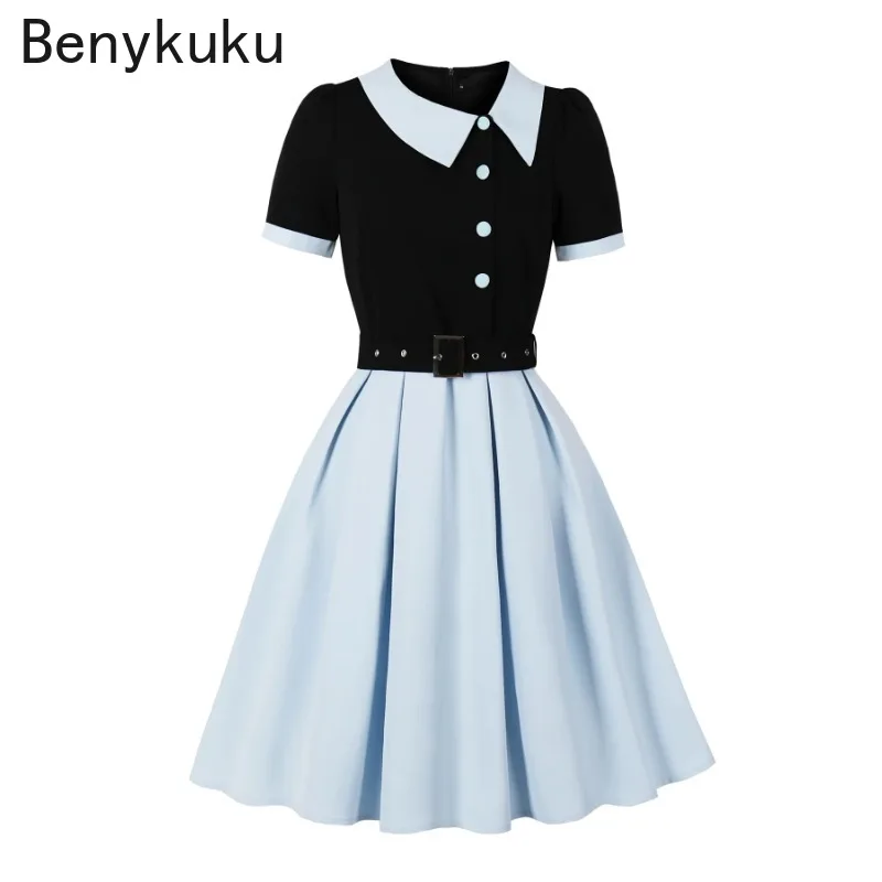 Black Blue Two Tone Belted Pleated Vintage Dress 2025 Women Summer Clothes Contrast Lapel Button Front Birthday Party Dresses
Black Blue Two Tone Belted Pleated Vintage Dress 2025 Women Summer Clothes Contrast Lapel Button Front Birthday Party Dresses