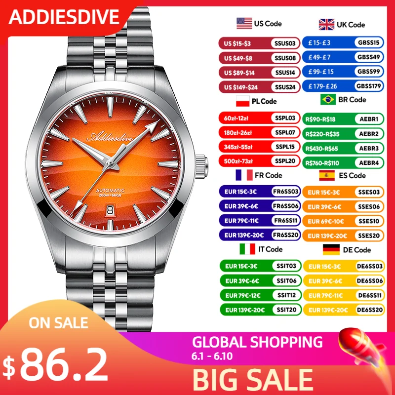 ADDIESDIVE Japan8215 Men Automatic Watch New Sapphire Glass Gradient 39mm Top Brand Mechanical Watch 200m Waterproof Luminous
ADDIESDIVE Japan8215 Men Automatic Watch New Sapphire Glass Gradient 39mm Top Brand Mechanical Watch 200m Waterproof Luminous