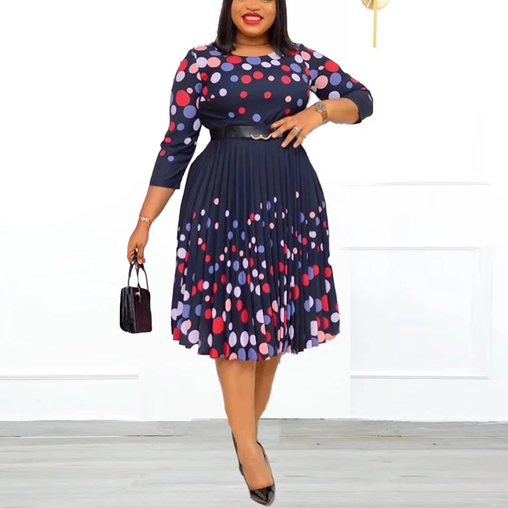 Elegant Office Ladies Dressses Polka Dot Printed for Women Round Neck Three Quarter Sleeve Belt Waisted Pleated Mid Calf Dress
Elegant Office Ladies Dressses Polka Dot Printed for Women Round Neck Three Quarter Sleeve Belt Waisted Pleated Mid Calf Dress