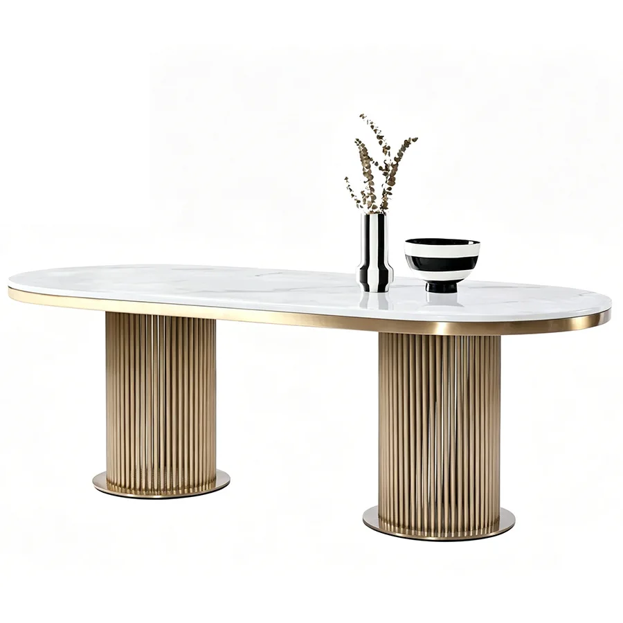 YJQ Italian stainless steel dining table household size marble dining table oval bright rock slab dining table and chairs
YJQ Italian stainless steel dining table household size marble dining table oval bright rock slab dining table and chairs