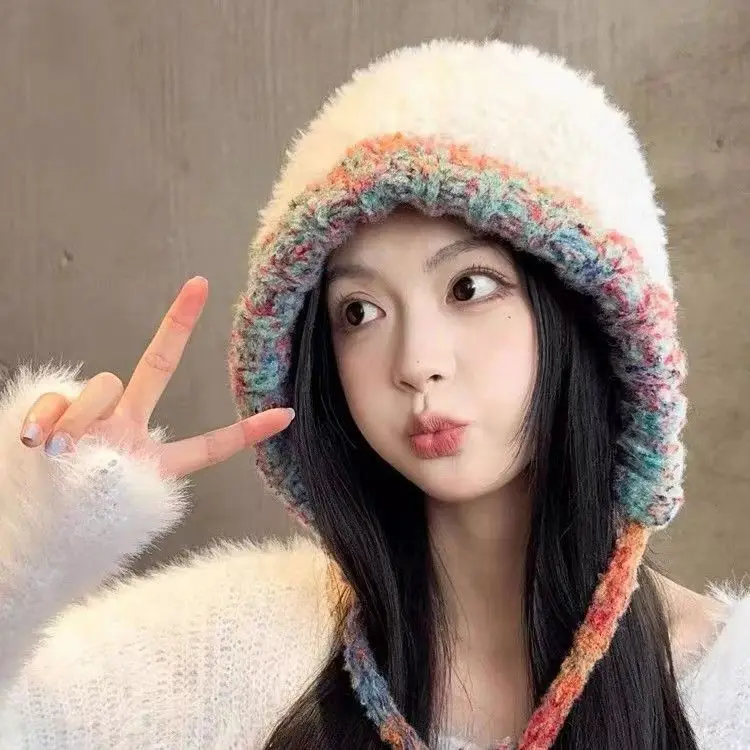 Korean Female Handmade Rainbow-colored Plush Knitted Hat Thickened Warm Fur Ball Ear Protection Lanyard Party Hat New Year Gift
Korean Female Handmade Rainbow-colored Plush Knitted Hat Thickened Warm Fur Ball Ear Protection Lanyard Party Hat New Year Gift
