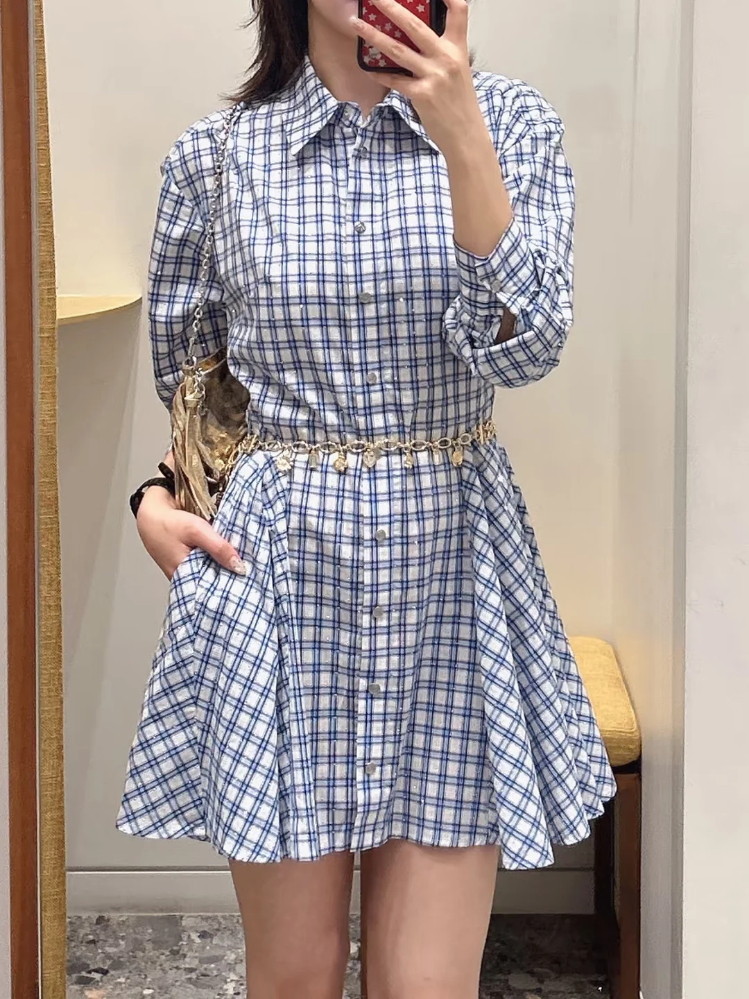 Preppy Blue And White Plaid Collar irt Dr Lightweight Polyester Cotton Blend High Waist A-Line Silhouette
Preppy Blue And White Plaid Collar irt Dr Lightweight Polyester Cotton Blend High Waist A-Line Silhouette
