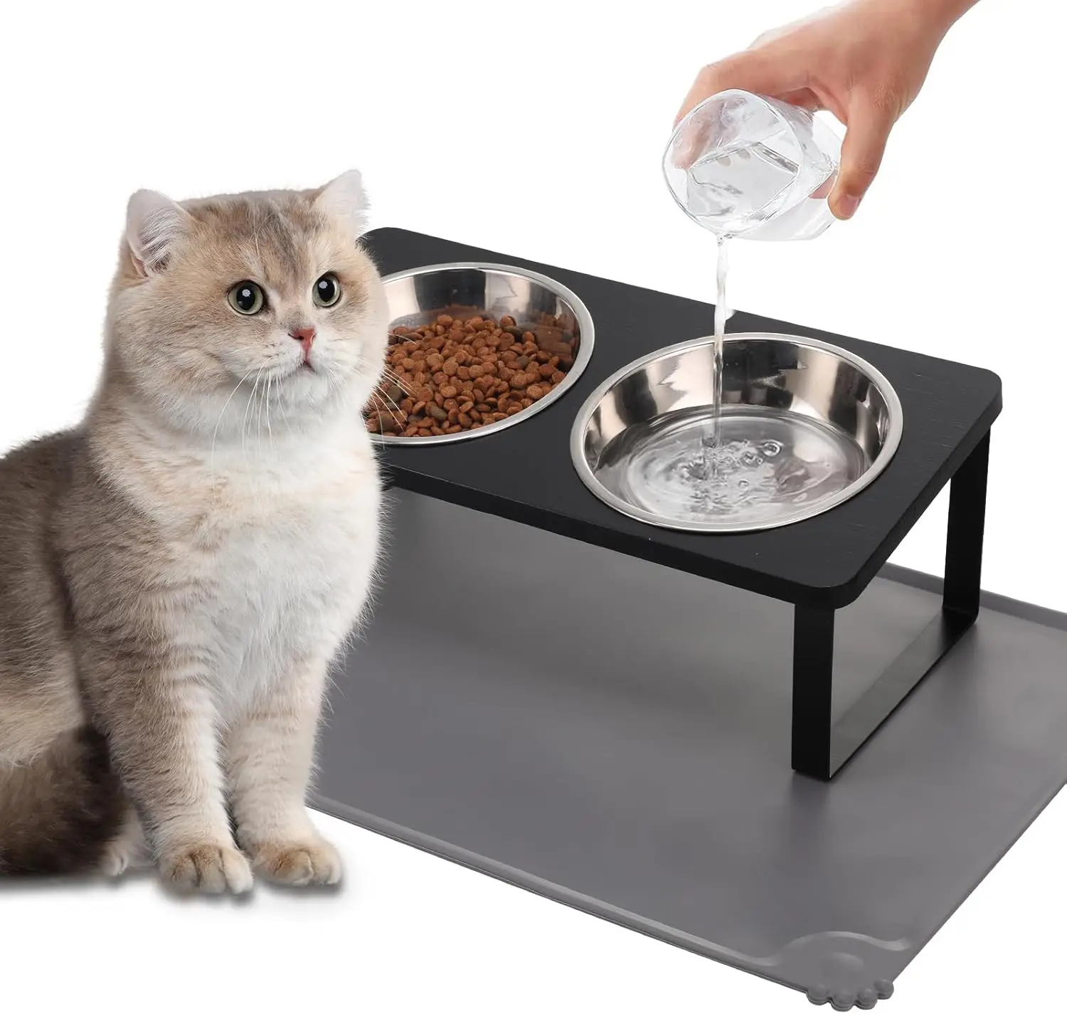 15° Tilted Elevated Cat Bowls with Mat, Anti Vomiting Raised Dishes, 2 Stainless Steel Bowls for Cats and Puppy (Black)
15° Tilted Elevated Cat Bowls with Mat, Anti Vomiting Raised Dishes, 2 Stainless Steel Bowls for Cats and Puppy (Black)