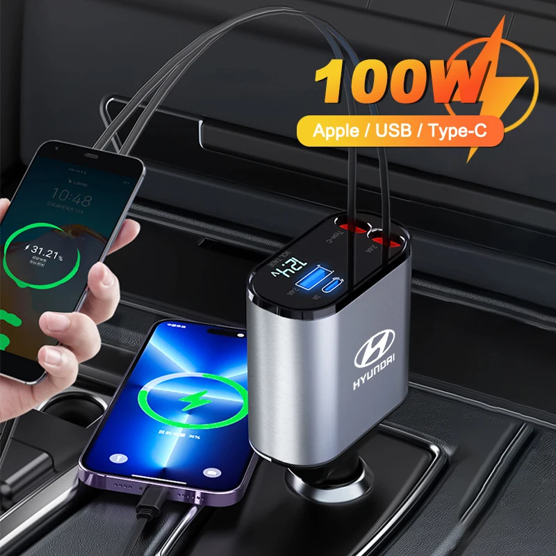 Car Charger With Retractable Cords Adaptor 100W Fast Charge USB Type C Apple For Hyundai Tucson Solaris Sonata Hybrid NEXO NX4
Car Charger With Retractable Cords Adaptor 100W Fast Charge USB Type C Apple For Hyundai Tucson Solaris Sonata Hybrid NEXO NX4