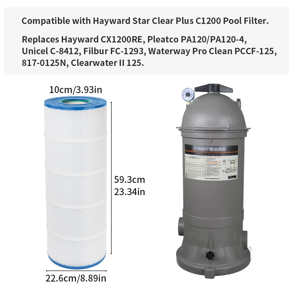Used for Hayward C1200、CX1200RE、Pleatco PA120、Ultra-B2、Unicel C-8412、Filbur FC-1293、Clearwater II 125 PLF120A filter
Used for Hayward C1200、CX1200RE、Pleatco PA120、Ultra-B2、Unicel C-8412、Filbur FC-1293、Clearwater II 125 PLF120A filter