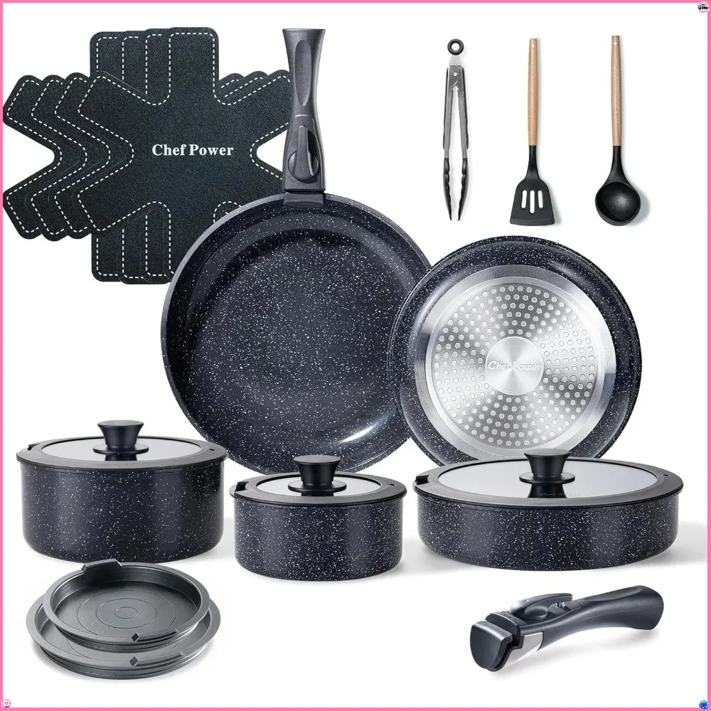 19-piece ceramic non-stick cookware set - removable handles, induction/oven/dishwasher safe for easy cleaning
19-piece ceramic non-stick cookware set - removable handles, induction/oven/dishwasher safe for easy cleaning