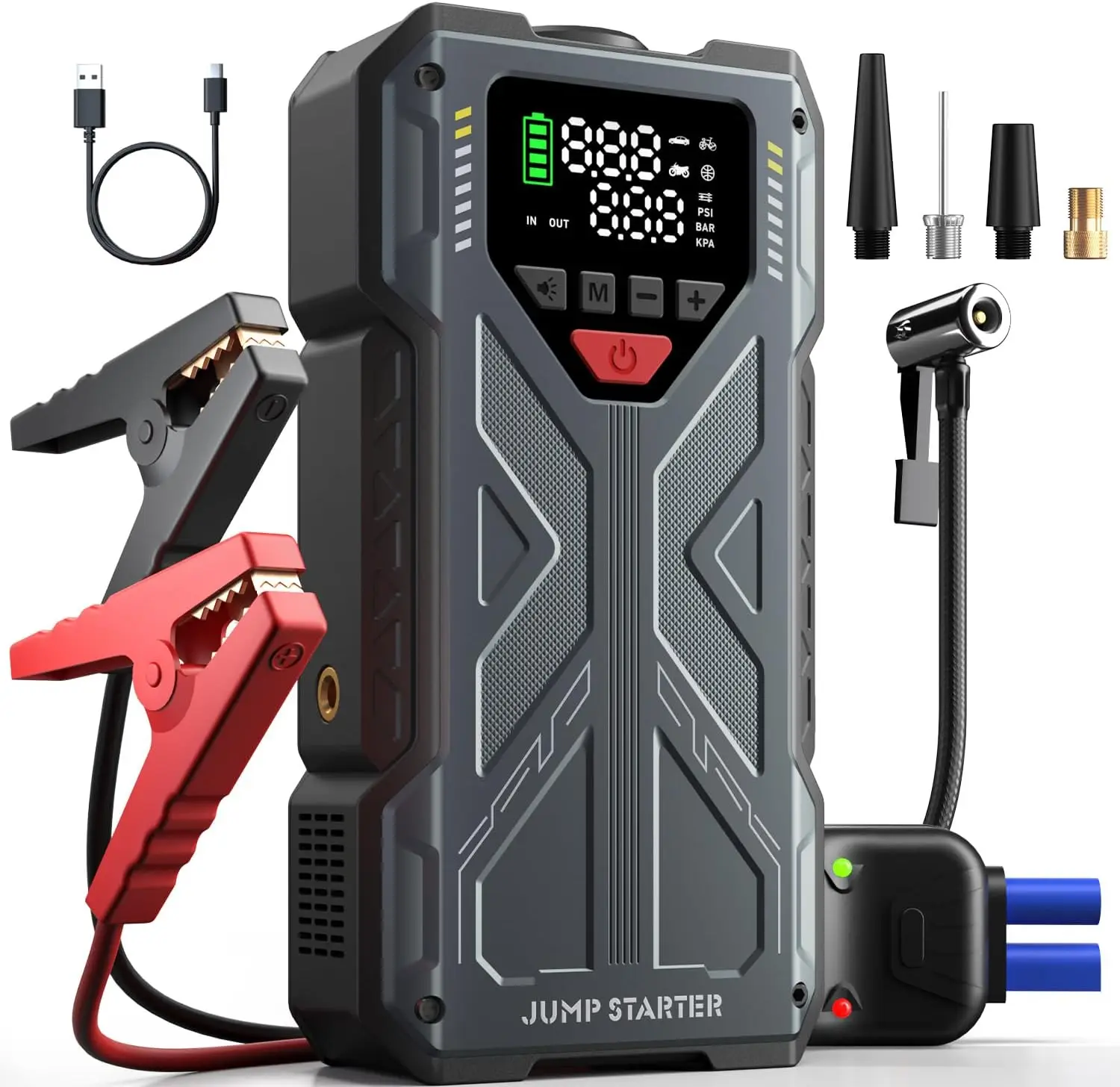 Портативное пусковое устройство для автомобиля с воздушным компрессором, 150PSI 4000A для бензиновых/дизельных двигателей, компактный аварийный комплект
Портативное пусковое устройство для автомобиля с воздушным компрессором, 150PSI 4000A для бензиновых/дизельных двигателей, компактный аварийный комплект
