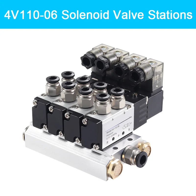 4V110 Series Solenoid Valve Stations 5 port 2 position solenoid valve Stations with fitting Inlet/outlet port thread, 1 pitch
4V110 Series Solenoid Valve Stations 5 port 2 position solenoid valve Stations with fitting Inlet/outlet port thread, 1 pitch