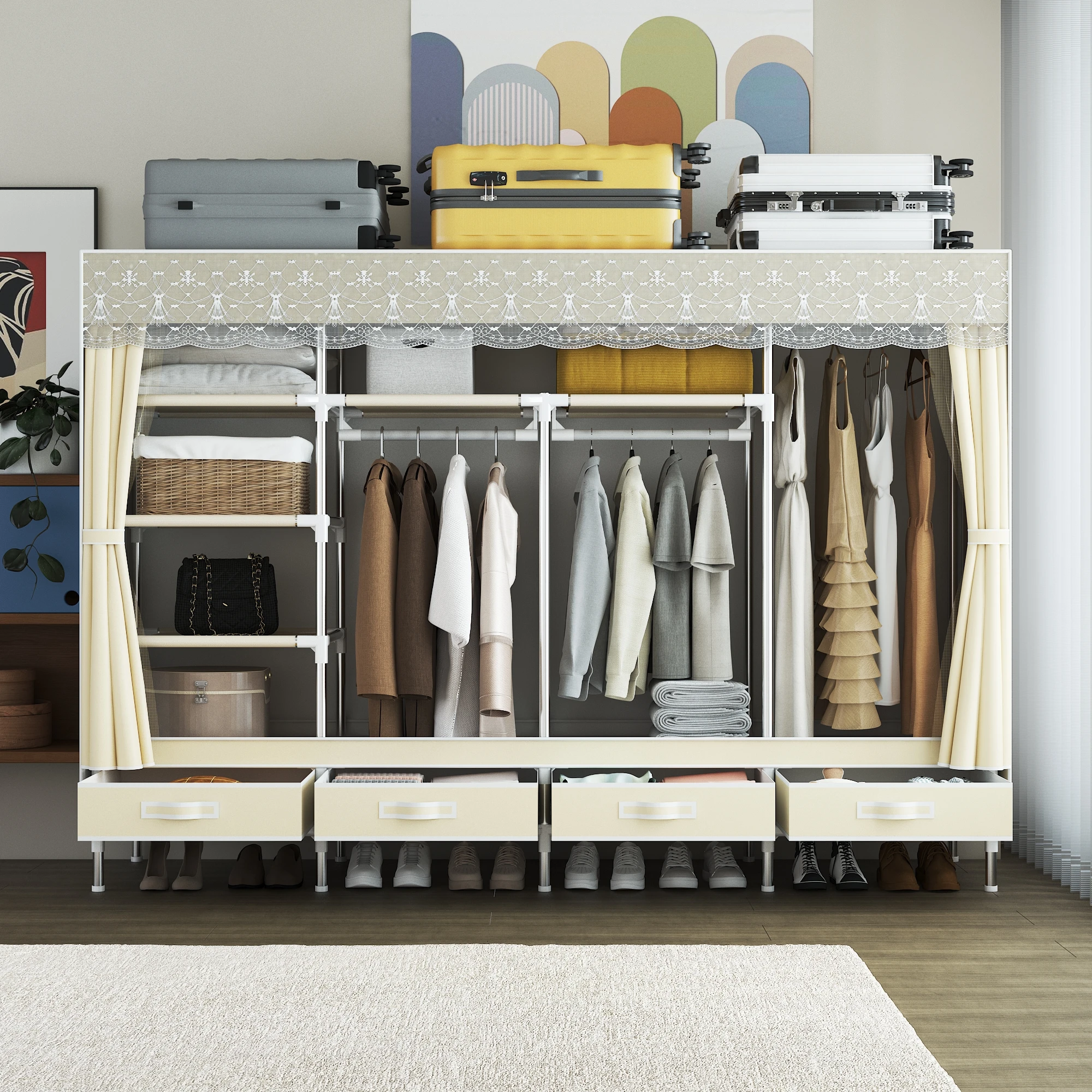 Extra Large Non-woven Fabric Wardrobe with Drawers, 3 Colors Optional, Rust-proof Galvanized Steel Closet for Bedroom
Extra Large Non-woven Fabric Wardrobe with Drawers, 3 Colors Optional, Rust-proof Galvanized Steel Closet for Bedroom