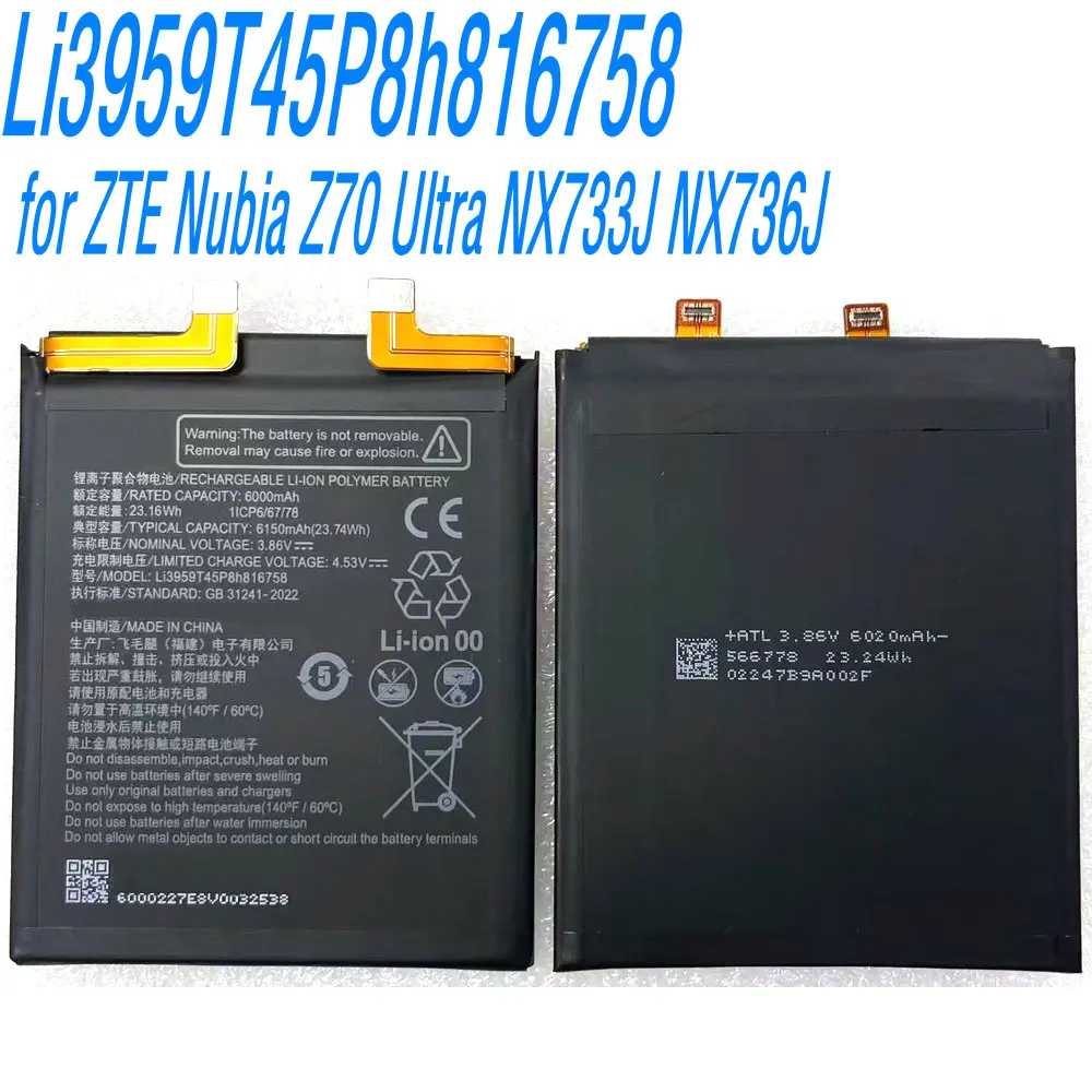 New 3.86V 23.74Wh High Quality Li3959T45P8h816758 Original Battery for ZTE Nubia Z70 Ultra NX733J NX736J Smartphone 1ICP6/67/78
New 3.86V 23.74Wh High Quality Li3959T45P8h816758 Original Battery for ZTE Nubia Z70 Ultra NX733J NX736J Smartphone 1ICP6/67/78