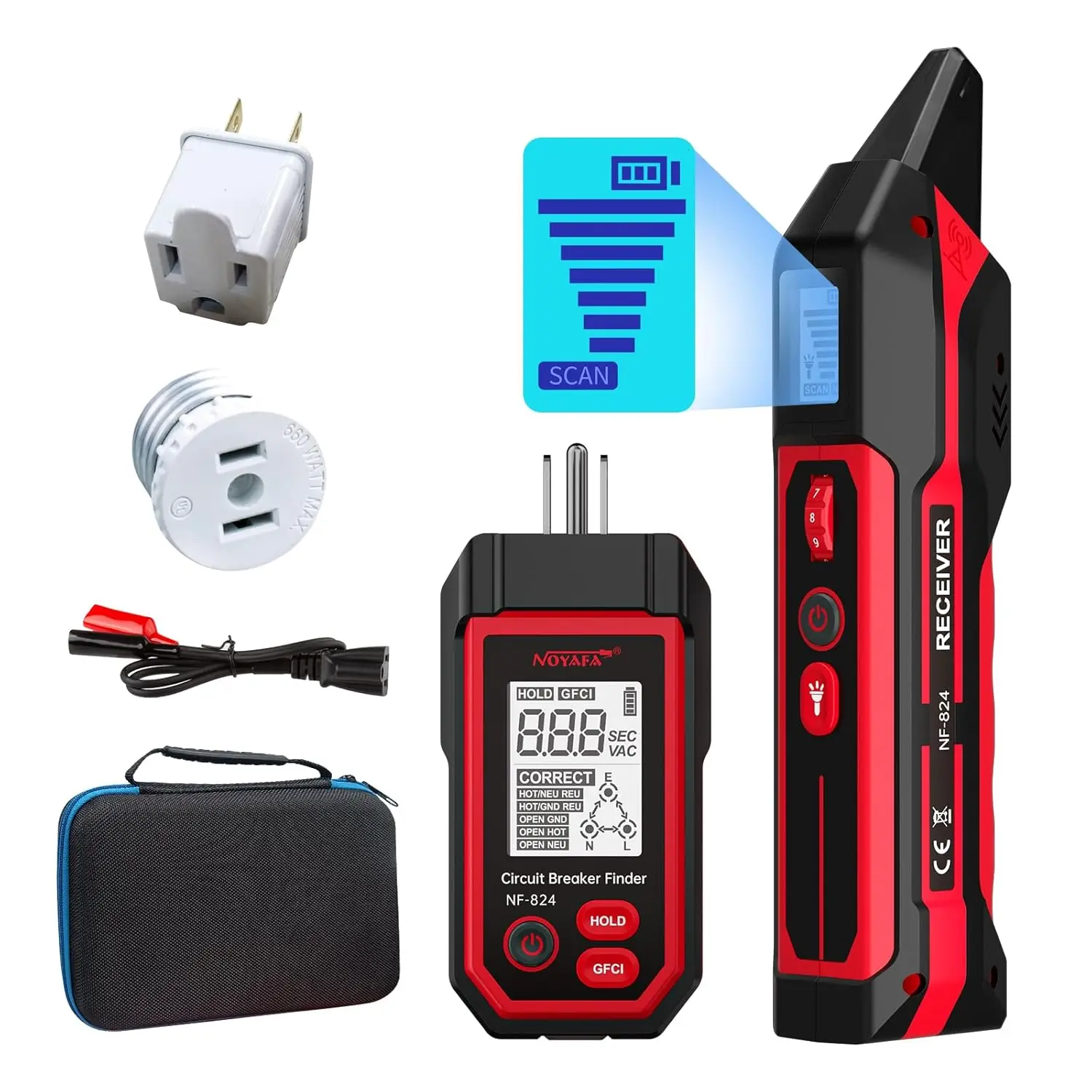 NF-824 Rechargeable Circuit Breaker Finder with LCD, GFCI Tester, 90-230V AC, NCV Tracer, Adjustable Sensitivity, Flashlight
NF-824 Rechargeable Circuit Breaker Finder with LCD, GFCI Tester, 90-230V AC, NCV Tracer, Adjustable Sensitivity, Flashlight