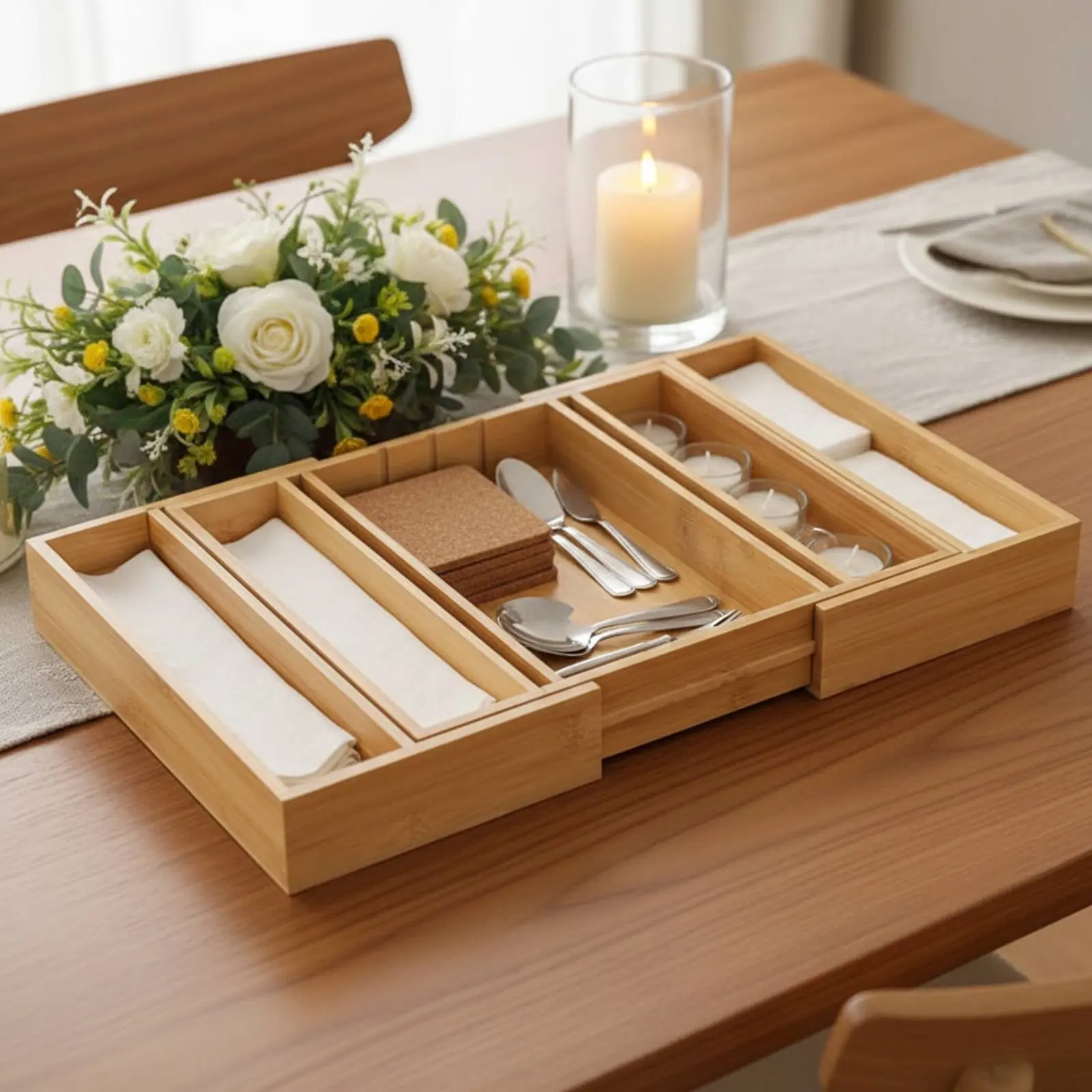 Expandable Bamboo Drawer Organizer Multi-Compartment Expandable Silverware Organizer Adjustable Utensil Drawer Insert for Office
Expandable Bamboo Drawer Organizer Multi-Compartment Expandable Silverware Organizer Adjustable Utensil Drawer Insert for Office