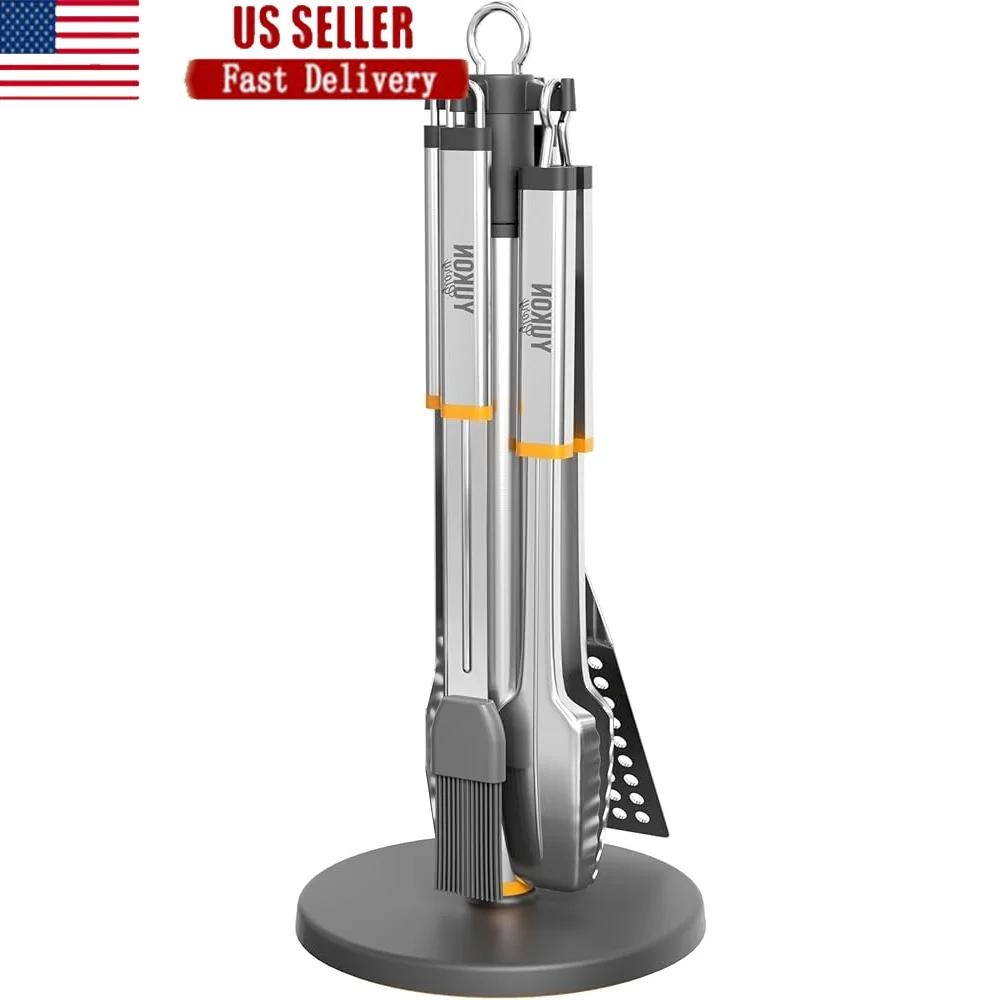 Stainless Steel BBQ Tool Set with Rotating Stand Drip Pan Spatula Tongs Fork Brush Durable Portable Easy Clean Grilling Kit
Stainless Steel BBQ Tool Set with Rotating Stand Drip Pan Spatula Tongs Fork Brush Durable Portable Easy Clean Grilling Kit