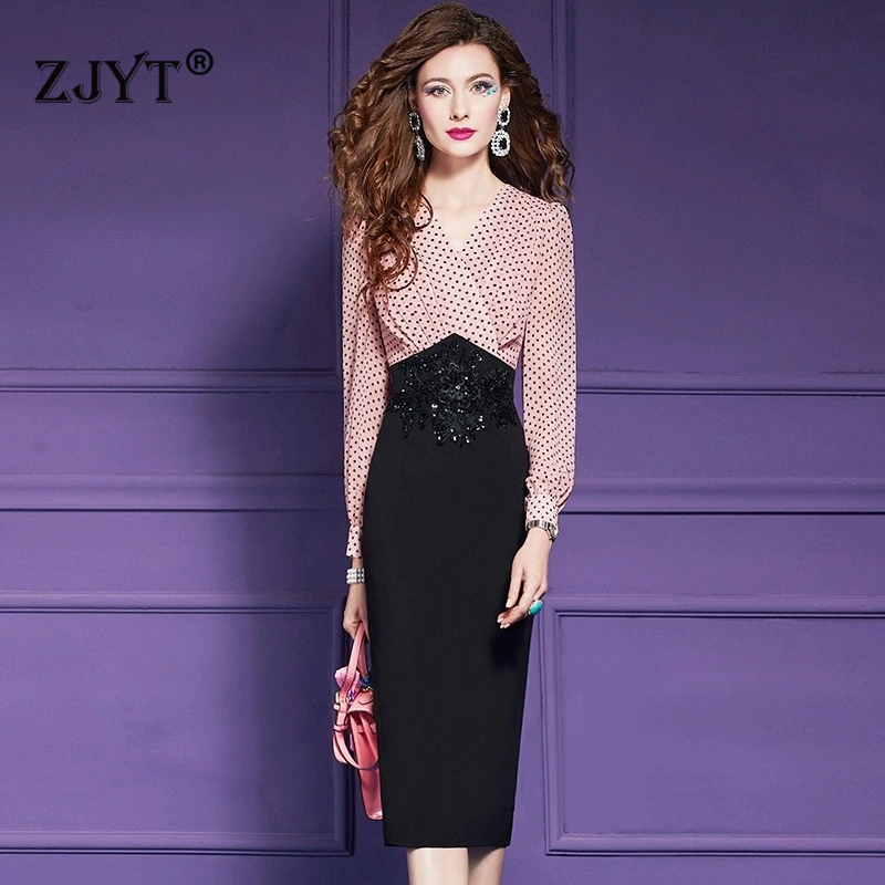 ZJYT Elegant Ladies Long Sleeve Dot Patchwork Beading Pencil Dresses for Women 2025 Spring Plus Size Office Party Dress Vestido 
ZJYT Elegant Ladies Long Sleeve Dot Patchwork Beading Pencil Dresses for Women 2025 Spring Plus Size Office Party Dress Vestido