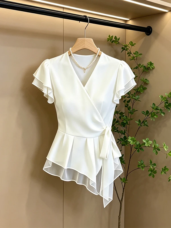 Summer New Style Women's Shirt Asymmetrical Hem Short Sleeve V-neck Korean Version Regular Thickness Easy to Deform Pure Color
Summer New Style Women's Shirt Asymmetrical Hem Short Sleeve V-neck Korean Version Regular Thickness Easy to Deform Pure Color