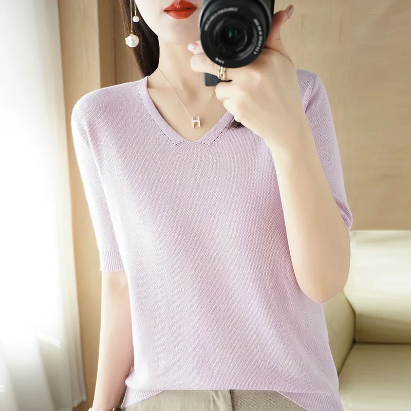Summer New Short-sleeved Women V-Neck Slim 100% Cotton Pullover Vest T-shirt Knitted Base Casual Comfortable Sweater
Summer New Short-sleeved Women V-Neck Slim 100% Cotton Pullover Vest T-shirt Knitted Base Casual Comfortable Sweater
